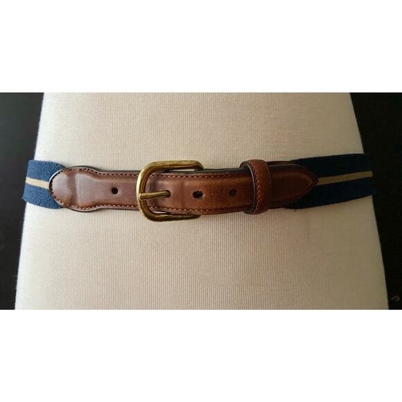 BARRONS-HUNTER Navy/Tan Stripe Stretch Belt w/Leather Tabs Mens sz 38 - Picture 1 of 12